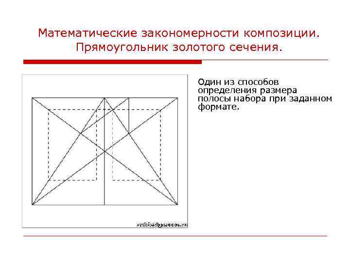 Математические закономерности композиции. Прямоугольник золотого сечения. Один из способов определения размера полосы набора при