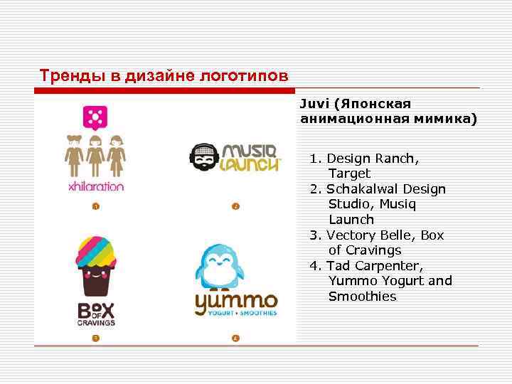Тренды в дизайне логотипов Juvi (Японская анимационная мимика) 1. Design Ranch, Target 2. Schakalwal