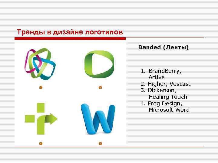 Тренды в дизайне логотипов Banded (Ленты) 1. Brand. Berry, Artive 2. Higher, Voscast 3.