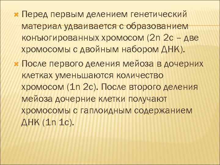  Перед первым делением генетический материал удваивается с образованием конъюгированных хромосом (2 n 2