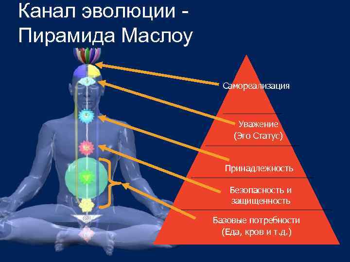 Канал эволюции Пирамида Маслоу Самореализация Уважение (Эго Статус) Принадлежность Безопасность и защищенность Базовые потребности