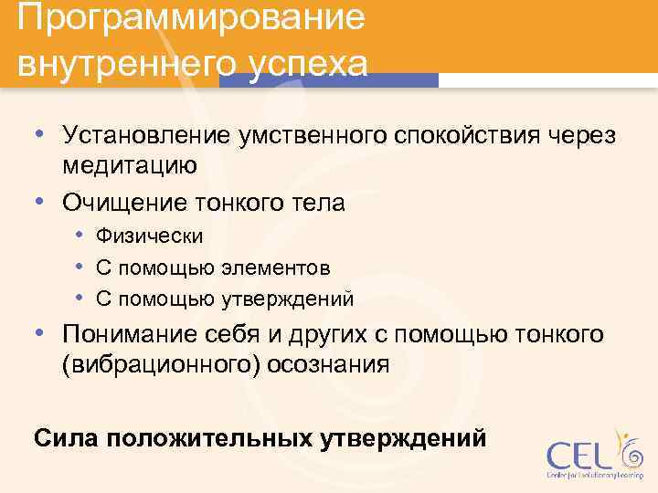 Программирование внутреннего успеха • Установление умственного спокойствия через медитацию • Очищение тонкого тела •