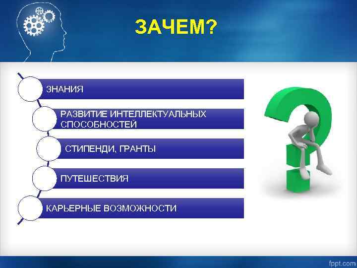 ЗАЧЕМ? ЗНАНИЯ РАЗВИТИЕ ИНТЕЛЛЕКТУАЛЬНЫХ СПОСОБНОСТЕЙ СТИПЕНДИ, ГРАНТЫ ПУТЕШЕСТВИЯ КАРЬЕРНЫЕ ВОЗМОЖНОСТИ 