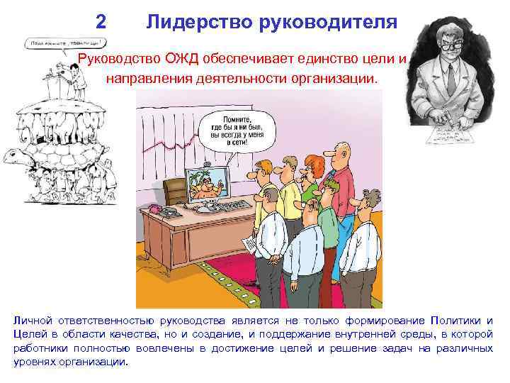 2 Лидерство руководителя Руководство ОЖД обеспечивает единство цели и направления деятельности организации. Личной ответственностью