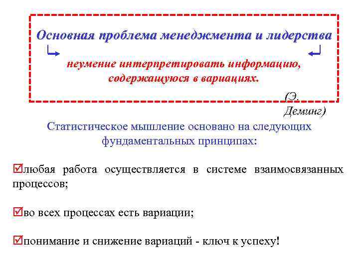 Основная проблема менеджмента и лидерства неумение интерпретировать информацию, содержащуюся в вариациях. (Э. Деминг) Статистическое