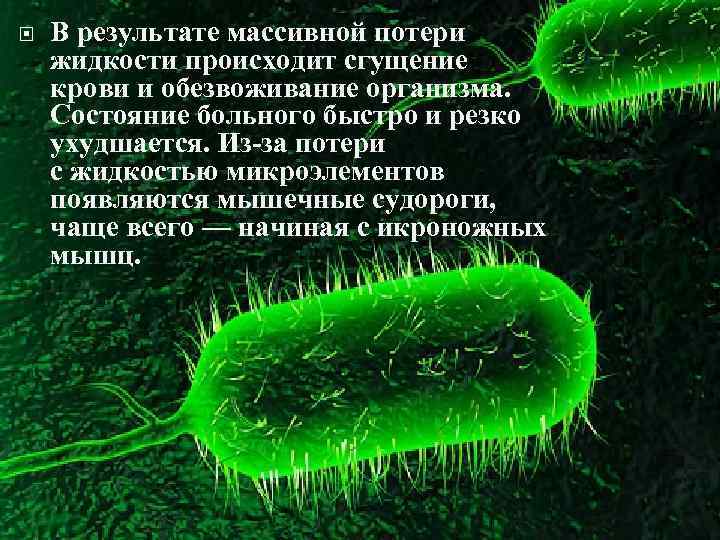  В результате массивной потери жидкости происходит сгущение крови и обезвоживание организма. Состояние больного