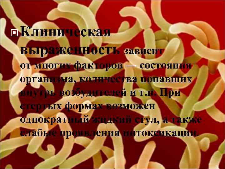  Клиническая выраженность зависит от многих факторов — состояния организма, количества попавших внутрь возбудителей