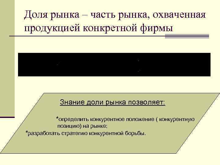 Доля рынка – часть рынка, охваченная продукцией конкретной фирмы Знание доли рынка позволяет: *определить
