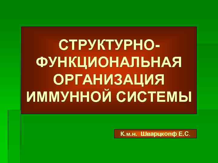 СТРУКТУРНОФУНКЦИОНАЛЬНАЯ ОРГАНИЗАЦИЯ ИММУННОЙ СИСТЕМЫ К. м. н. Шварцкопф Е. С. 