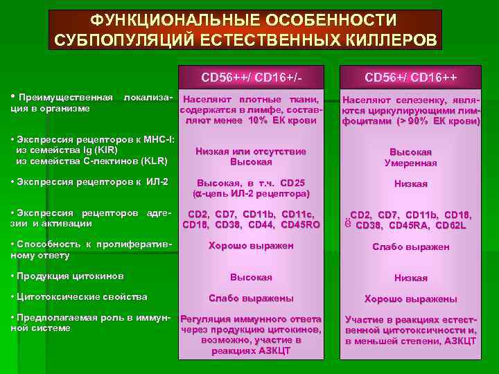 ФУНКЦИОНАЛЬНЫЕ ОСОБЕННОСТИ СУБПОПУЛЯЦИЙ ЕСТЕСТВЕННЫХ КИЛЛЕРОВ CD 56++/ CD 16+/- CD 56+/ CD 16++ Населяют