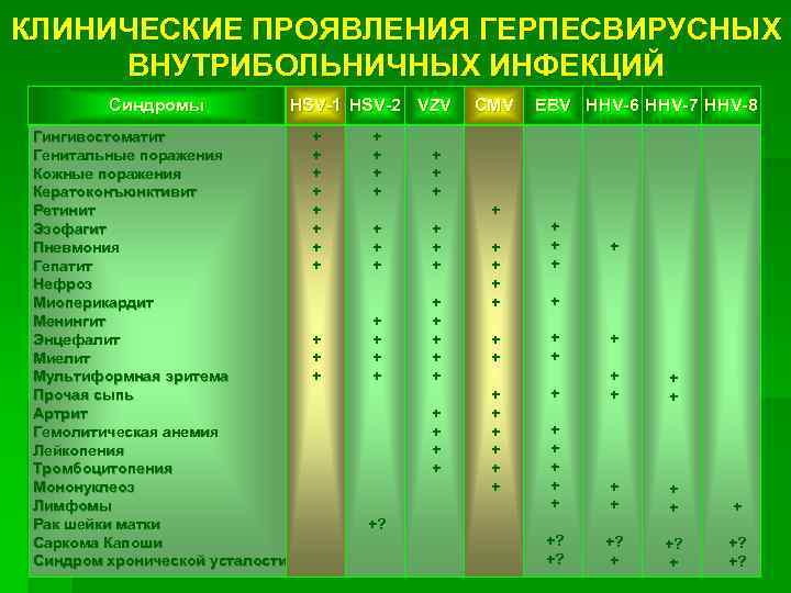 КЛИНИЧЕСКИЕ ПРОЯВЛЕНИЯ ГЕРПЕСВИРУСНЫХ ВНУТРИБОЛЬНИЧНЫХ ИНФЕКЦИЙ Cиндромы Гингивостоматит Генитальные поражения Кожные поражения Кератоконъюнктивит Ретинит Эзофагит
