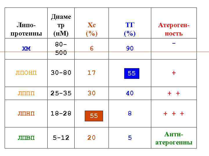 Липопротеины Диаме тр (н. М) Хс (%) ТГ (%) Атерогенность - ХМ 80500 6