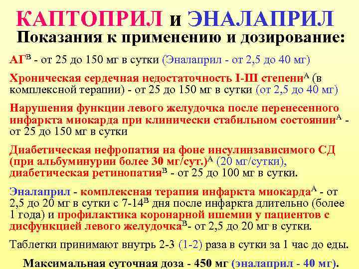 КАПТОПРИЛ и ЭНАЛАПРИЛ Показания к применению и дозирование: АГВ - от 25 до 150