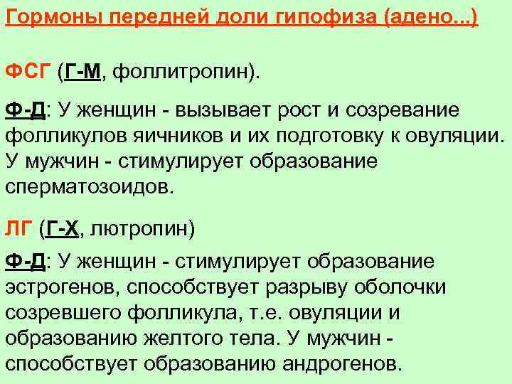 Гормоны передней доли гипофиза (адено. . . ) ФСГ (Г-М, фоллитропин). Ф-Д: У женщин