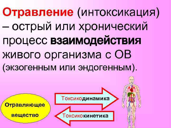 Отравление (интоксикация) – острый или хронический процесс взаимодействия живого организма с ОВ (экзогенным или