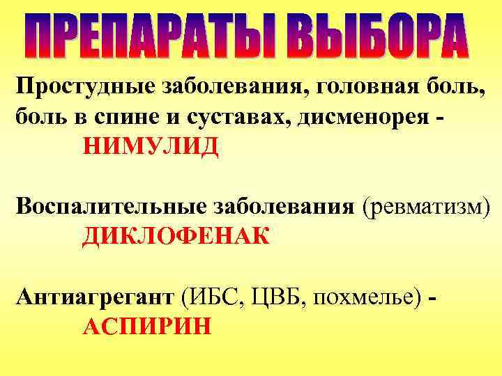Простудные заболевания, головная боль, боль в спине и суставах, дисменорея НИМУЛИД Воспалительные заболевания (ревматизм)