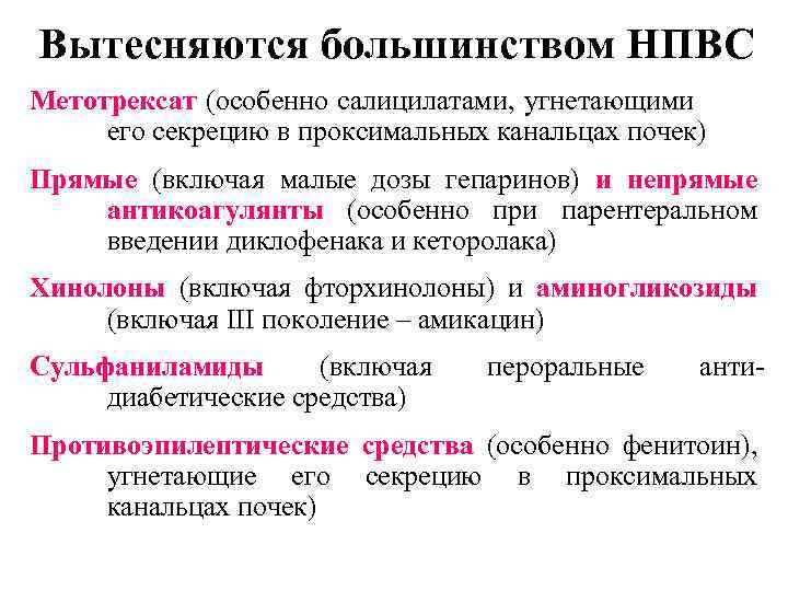 Вытесняются большинством НПВС Метотрексат (особенно салицилатами, угнетающими его секрецию в проксимальных канальцах почек) Прямые