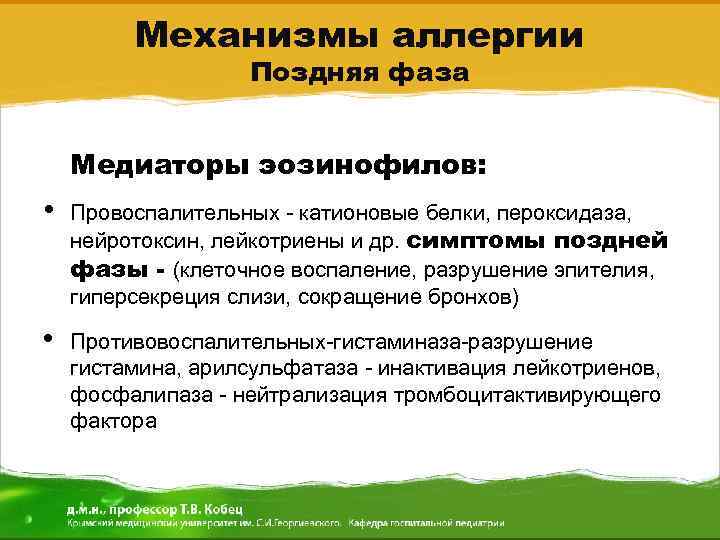 Механизмы аллергии Поздняя фаза • Медиаторы эозинофилов: • Провоспалительных - катионовые белки, пероксидаза, нейротоксин,