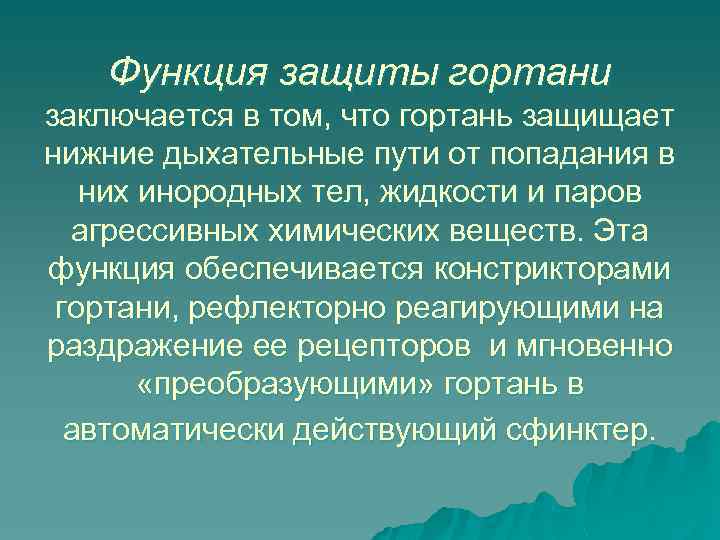 Функция защиты гортани заключается в том, что гортань защищает нижние дыхательные пути от попадания