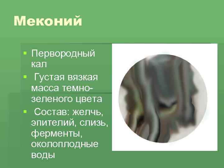 Меконий § Первородный кал § Густая вязкая масса темнозеленого цвета § Состав: желчь, эпителий,