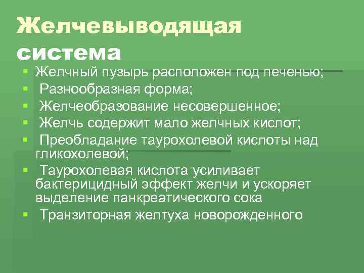 Желчевыводящая система § § § Желчный пузырь расположен под печенью; Разнообразная форма; Желчеобразование несовершенное;