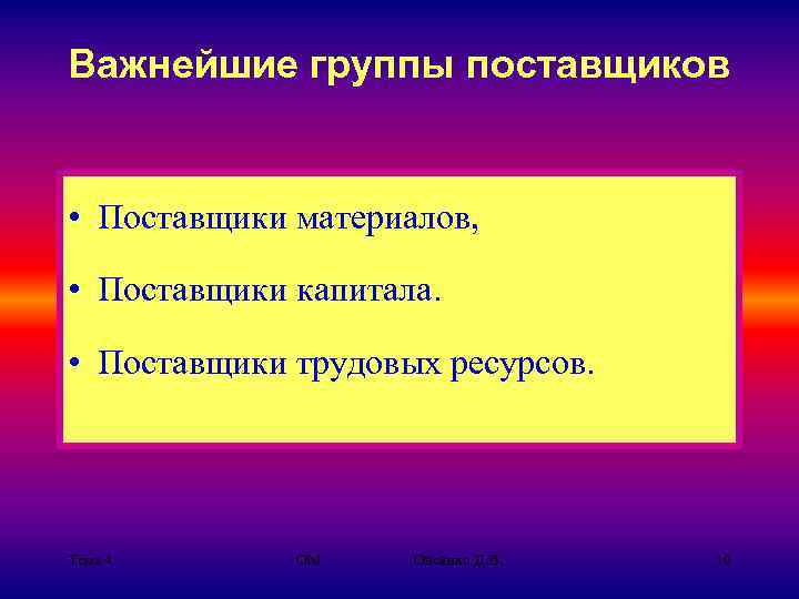 Важнейшие группы поставщиков • Поставщики материалов, • Поставщики капитала. • Поставщики трудовых ресурсов. Тема