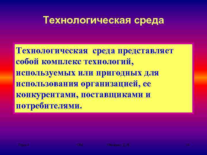 Технологическая среда представляет собой комплекс технологий, используемых или пригодных для использования организацией, ее конкурентами,