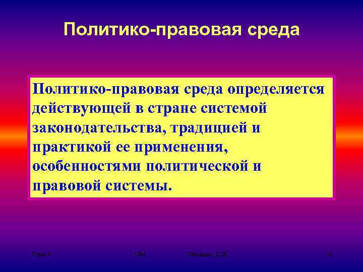 Политико-правовая среда определяется действующей в стране системой законодательства, традицией и практикой ее применения, особенностями