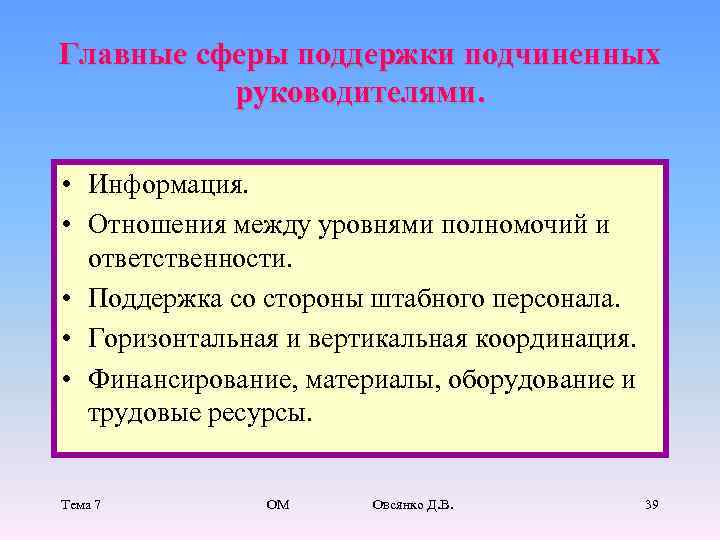 Главные сферы поддержки подчиненных руководителями. • Информация. • Отношения между уровнями полномочий и ответственности.