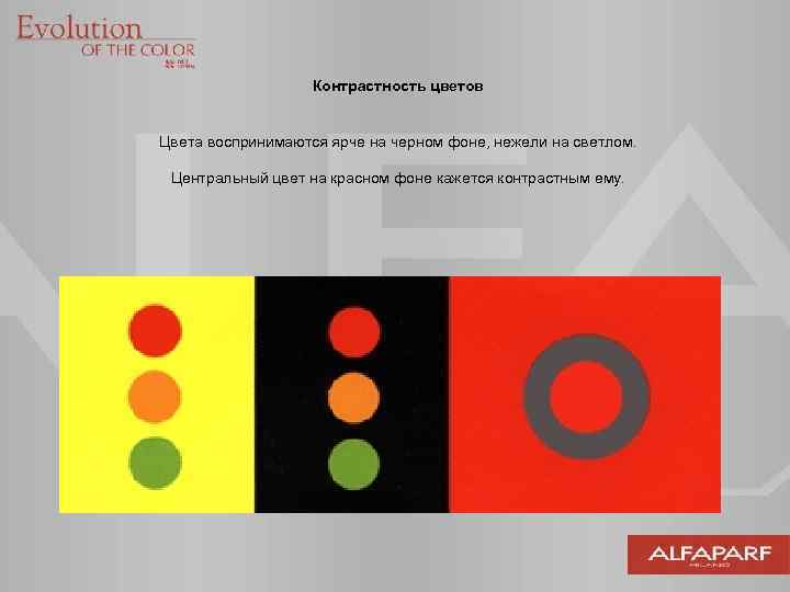 Контрастность цветов Цвета воспринимаются ярче на черном фоне, нежели на светлом. Центральный цвет на