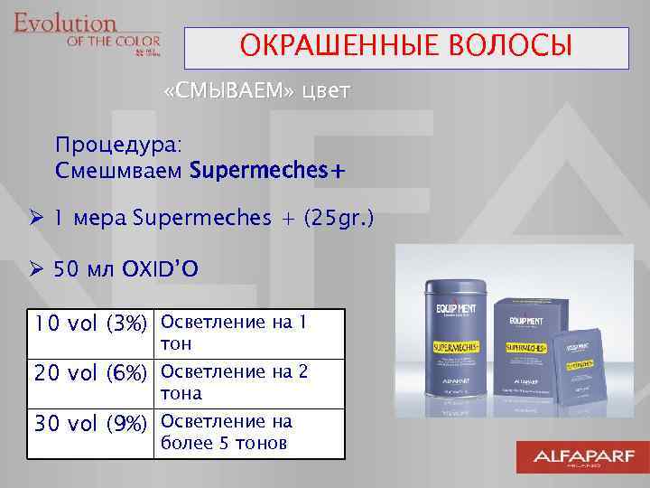 ОКРАШЕННЫЕ ВОЛОСЫ «СМЫВАЕМ» цвет Процедура: Смешмваем Supermeches+ Ø 1 мера Supermeches + (25 gr.