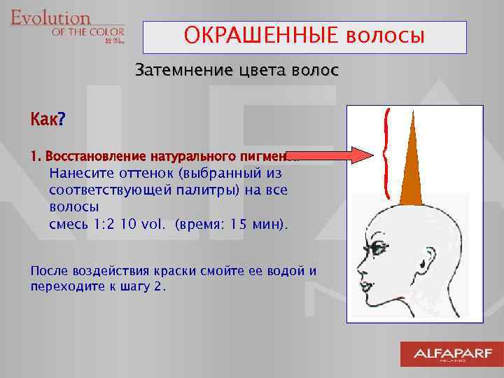 ОКРАШЕННЫЕ волосы Затемнение цвета волос Как? 1. Восстановление натурального пигмента Нанесите оттенок (выбранный из