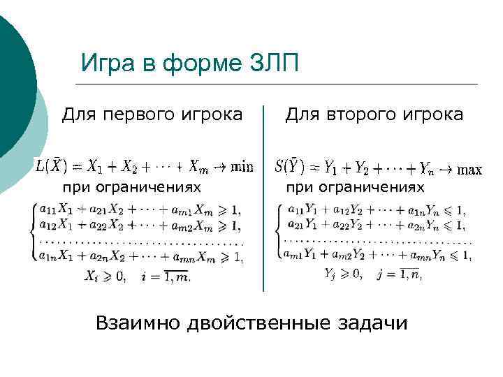 Игра в форме ЗЛП Для первого игрока Для второго игрока при ограничениях Взаимно двойственные