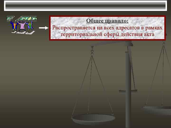 Общее правило: Распространяется на всех адресатов в рамках территориальной сферы действия акта 