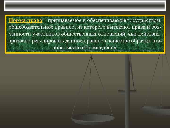 Норма права – признаваемое и обеспечиваемое государством, общеобязательное правило, из которого вытекают права и