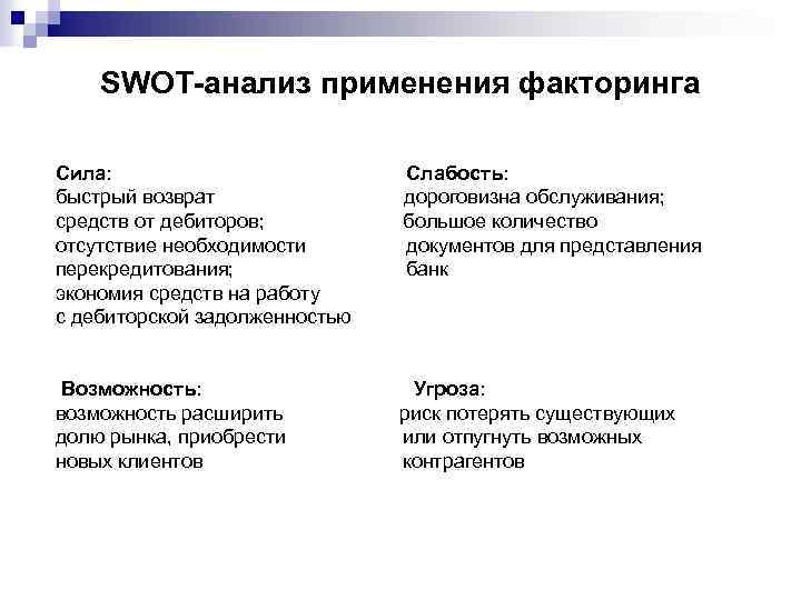 SWOT-анализ применения факторинга Сила: Слабость: быстрый возврат дороговизна обслуживания; средств от дебиторов; большое количество