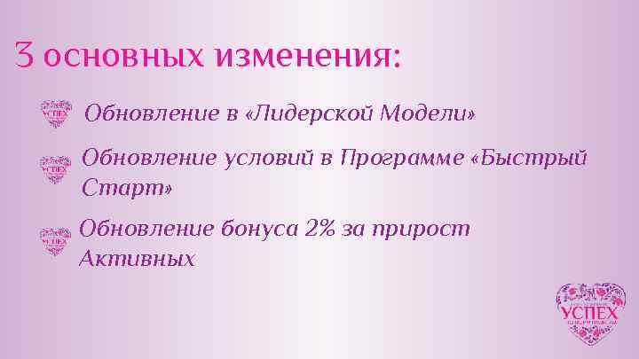 3 основных изменения: Обновление в «Лидерской Модели» Обновление условий в Программе «Быстрый Старт» Обновление