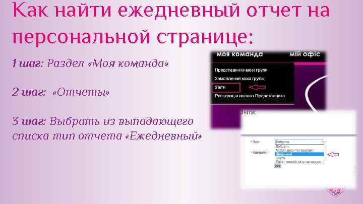 Как найти ежедневный отчет на персональной странице: 1 шаг: Раздел «Моя команда» 2 шаг:
