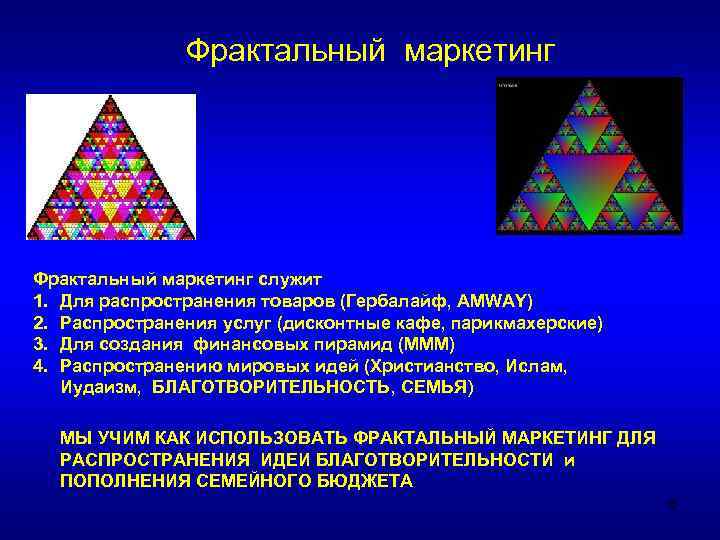 Фрактальный маркетинг служит 1. Для распространения товаров (Гербалайф, AMWAY) 2. Распространения услуг (дисконтные кафе,