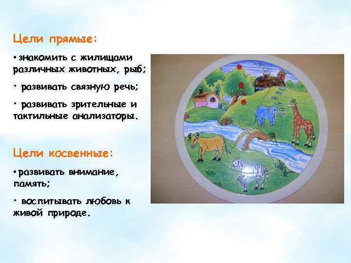 Цели прямые: • знакомить с жилищами различных животных, рыб; • развивать связную речь; •