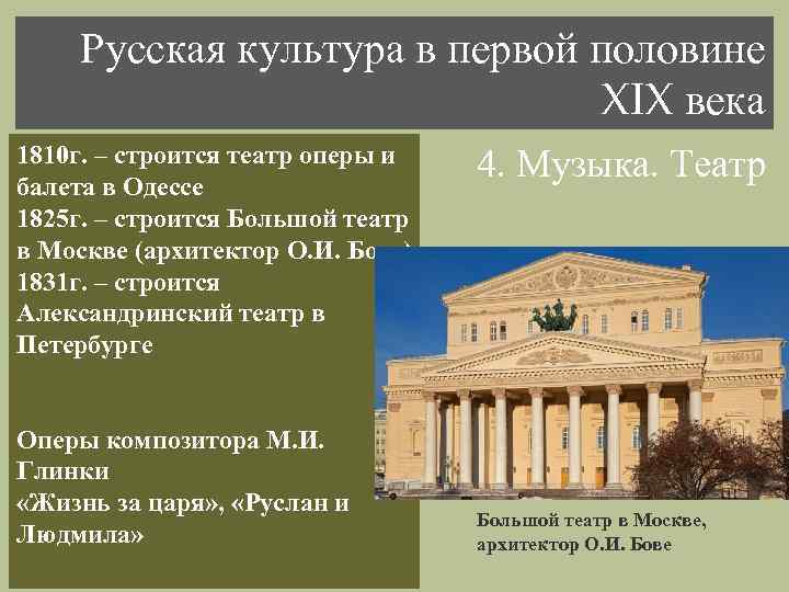 Русская культура в первой половине XIX века 1810 г. – строится театр оперы и