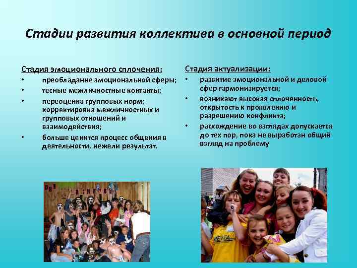 Стадии развития коллектива в основной период Стадия эмоционального сплочения: • • преобладание эмоциональной сферы;