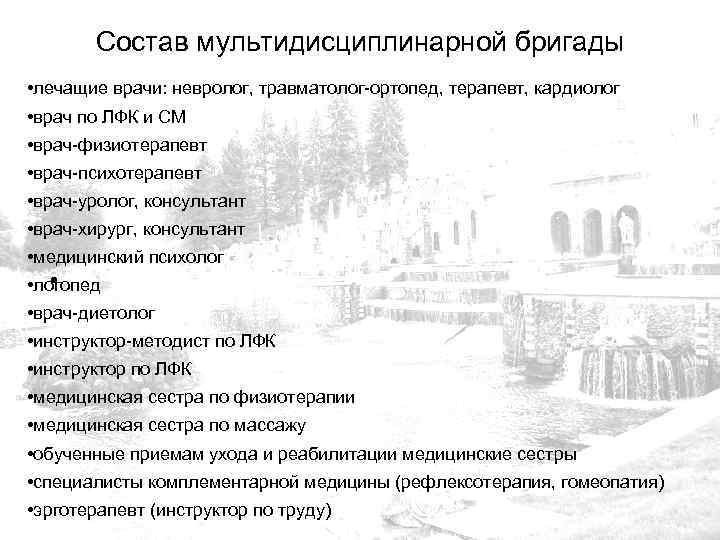 Состав мультидисциплинарной бригады • лечащие врачи: невролог, травматолог-ортопед, терапевт, кардиолог • врач по ЛФК