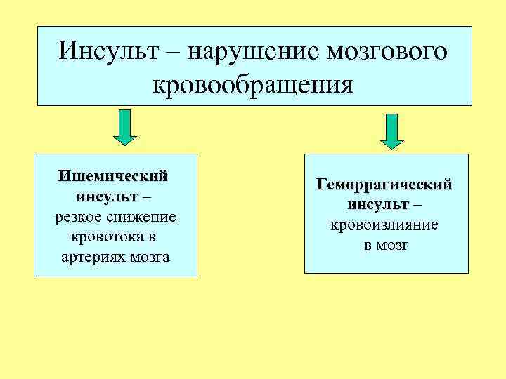 Инсульт – нарушение мозгового кровообращения Ишемический инсульт – резкое снижение кровотока в артериях мозга
