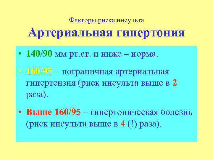 Факторы риска инсульта Артериальная гипертония • 140/90 мм рт. ст. и ниже – норма.