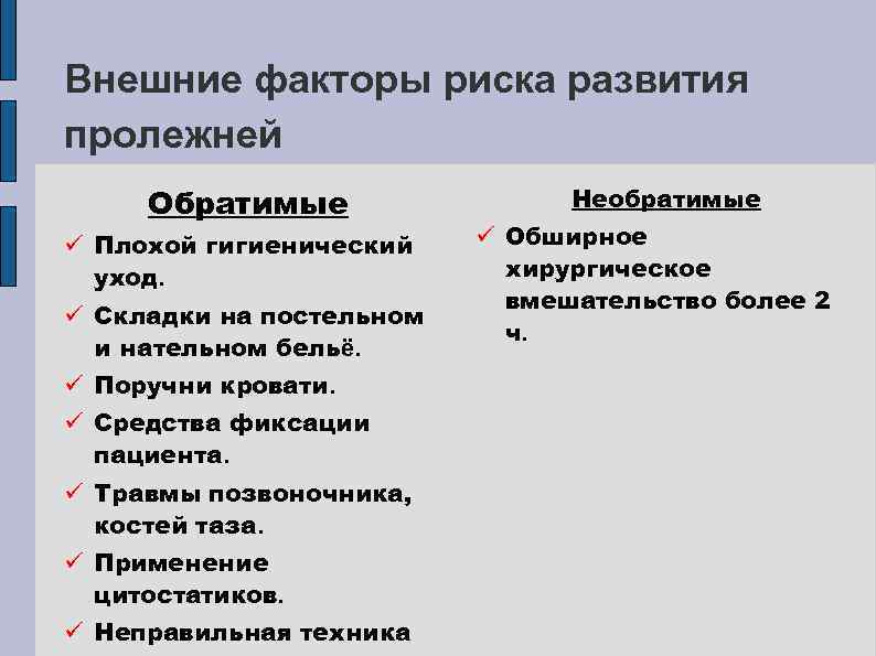 Внешние факторы риска развития пролежней Обратимые ü Плохой гигиенический уход. ü Складки на постельном