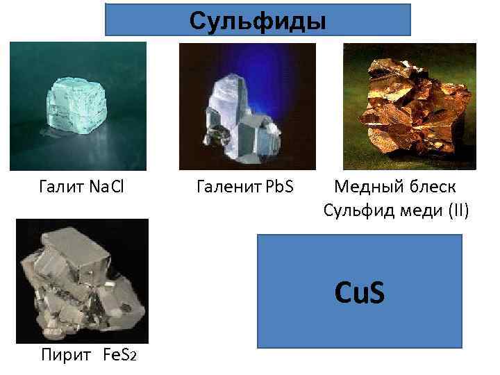Сульфиды Галит Na. Cl Галенит Pb. S Медный блеск Сульфид меди (II) Cu. S