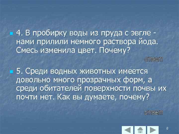 n n 4. В пробирку воды из пруда с эвгле нами прилили немного раствора