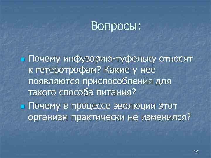 Вопросы: n n Почему инфузорию-туфельку относят к гетеротрофам? Какие у нее появляются приспособления для