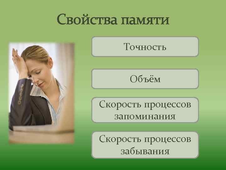 Свойства памяти Точность Объём Скорость процессов запоминания Скорость процессов забывания 